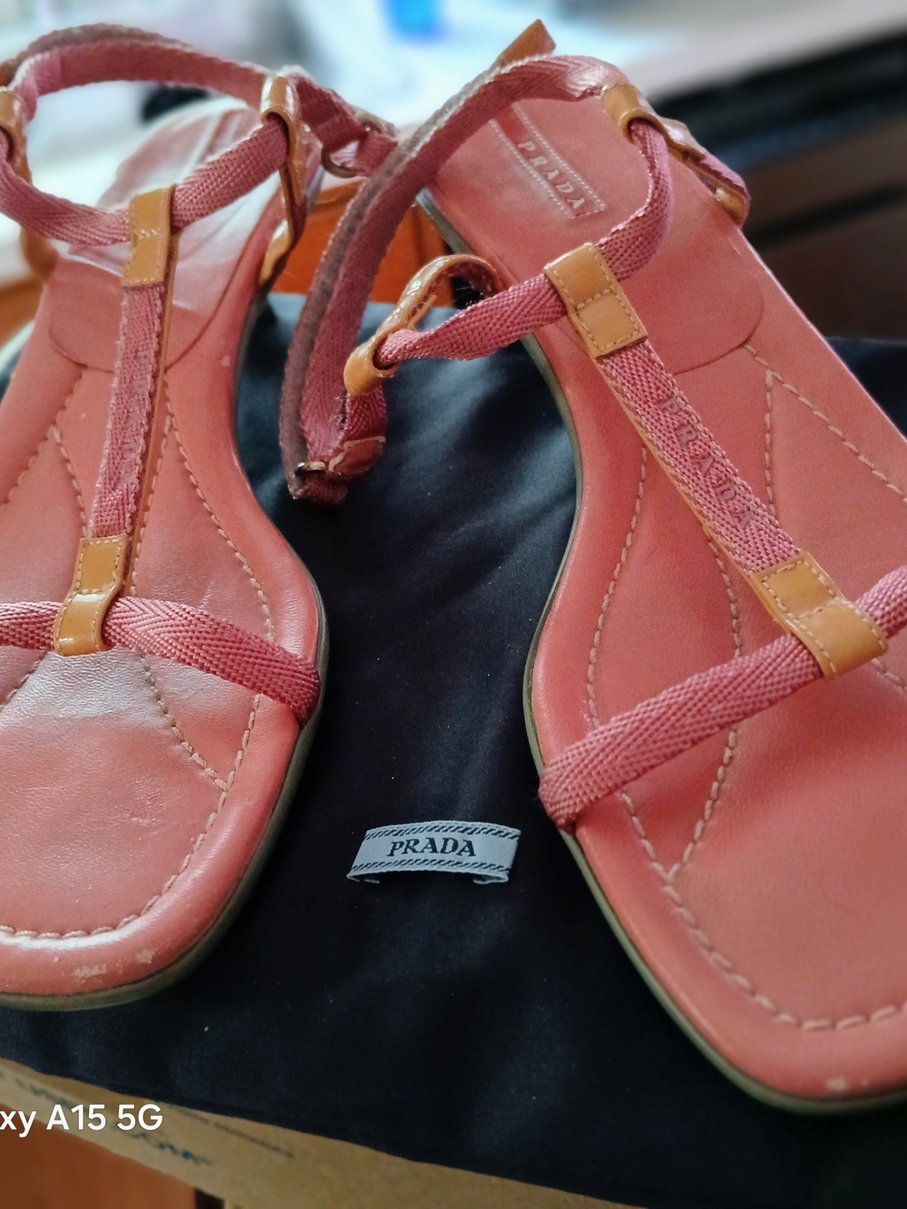 Prada Leather & Canvas T-Strap Sandals